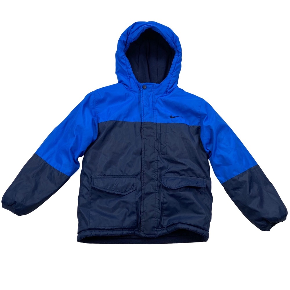 Nike Puffer Jacket Kids 7 Blue Colorblock Fleece Lined Hooded Zip Up Outerwear